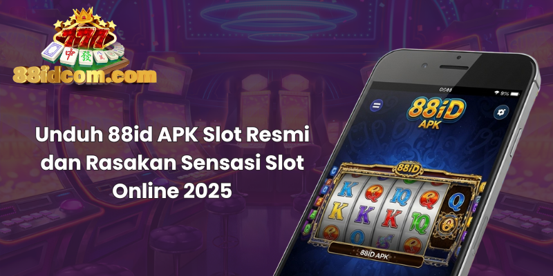 A high-resolution image of a smartphone displaying an exciting slot game interface from 88id APK, with coins flying, jackpot lights, and text “Download 88id APK Slot Now”. The background features a futuristic casino vibe with glowing UI elements. Designed to look clean, modern, and engaging for an online gambling blog.
